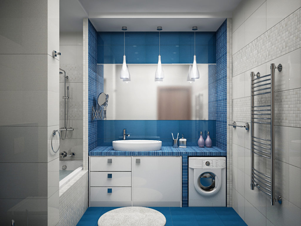 Дизайн ванной комнаты в хрущевке белый и синий цвета