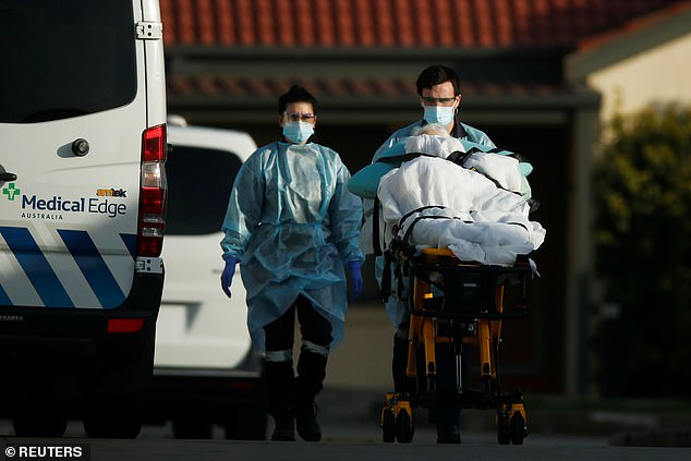 The Aged Care Quality Commission issued 104 aged care facilities with non compliance notices between March and May (pictured, a resident in  Melbourne is taken to hospital)