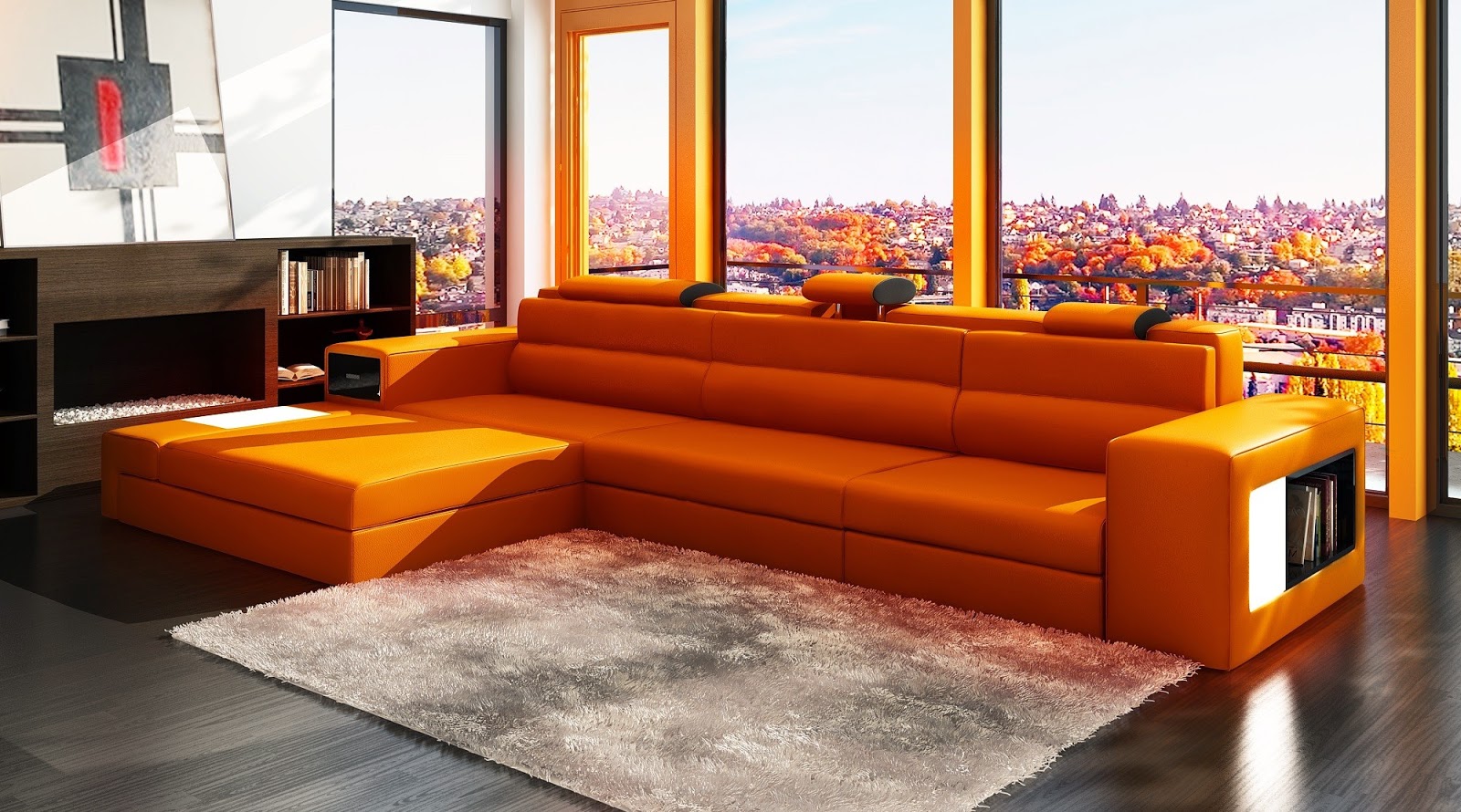 Оранжевый диван с полками