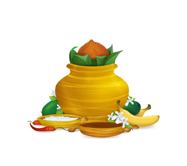 Happy Ugadi Holiday Set Template Greeting Card Gold Pot Coconut Royalty Free Stock Illustrations