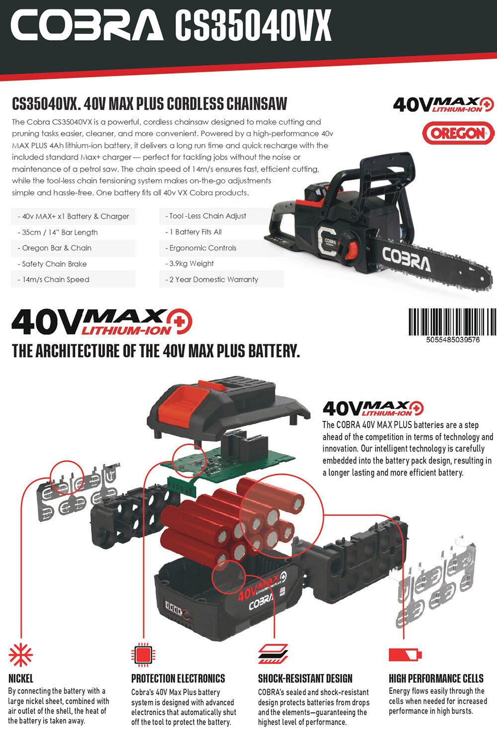 Cobra CS35040VX Cordless Chainsaw KIT / 40v / 35cm / 4Ah from Mower Magic