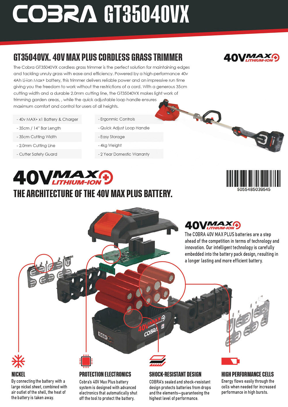 Cobra GT35040VX Cordless Grass Trimmer KIT / 40v / 35cm / 4Ah from Mower Magic