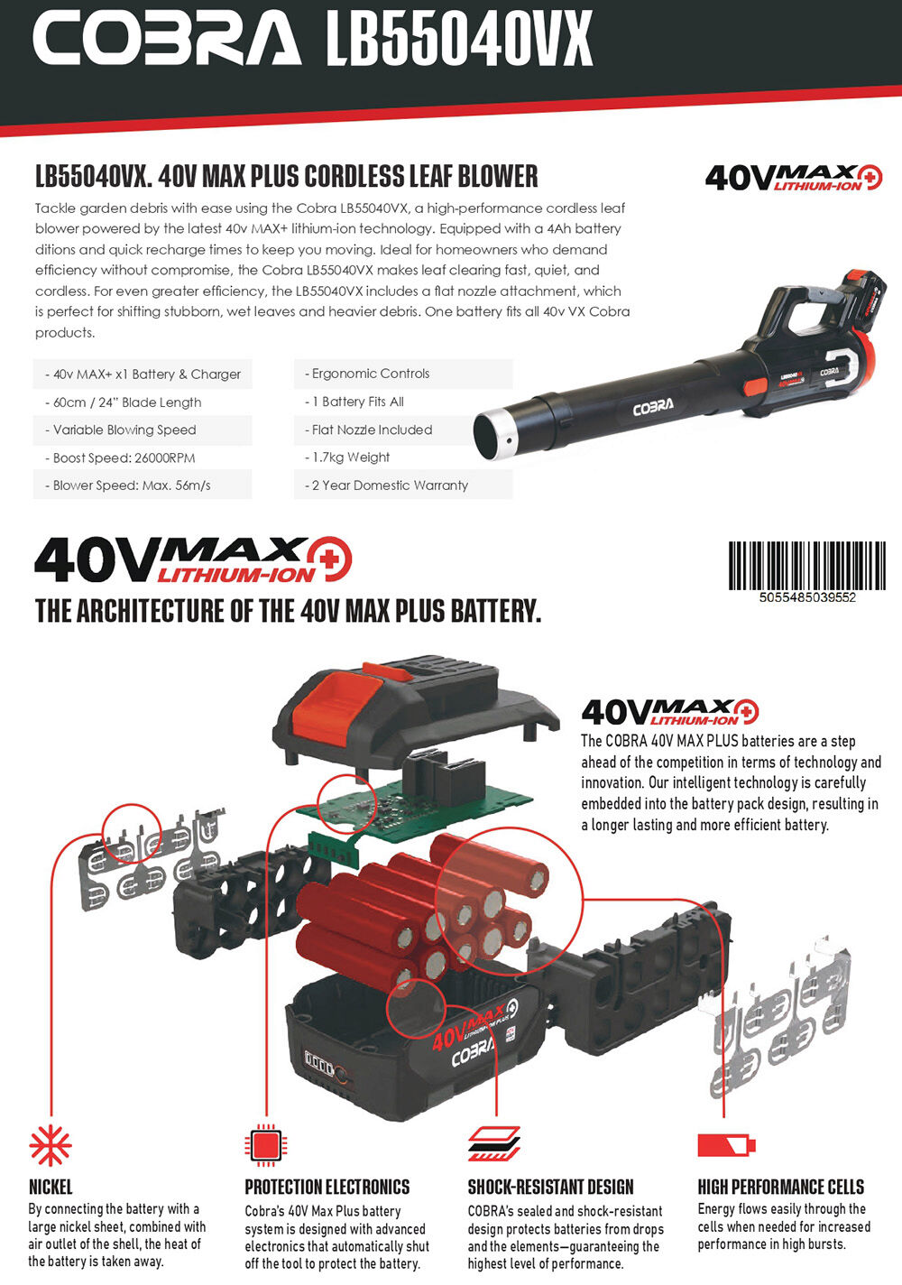 Cobra LB55040VX Cordless Leaf Blower KIT / 40v / 4Ah from Mower Magic