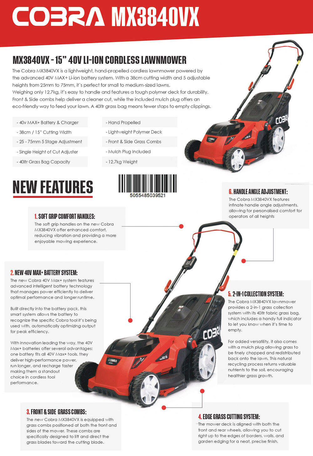 Cobra MX3840VX Premium Cordless Lawnmower KIT 40v / 38cm / 4Ah from Mower Magic Cobra MX3840VX Premium Cordless Lawnmower KIT 40v / 38cm / 4Ah from Mower Magic