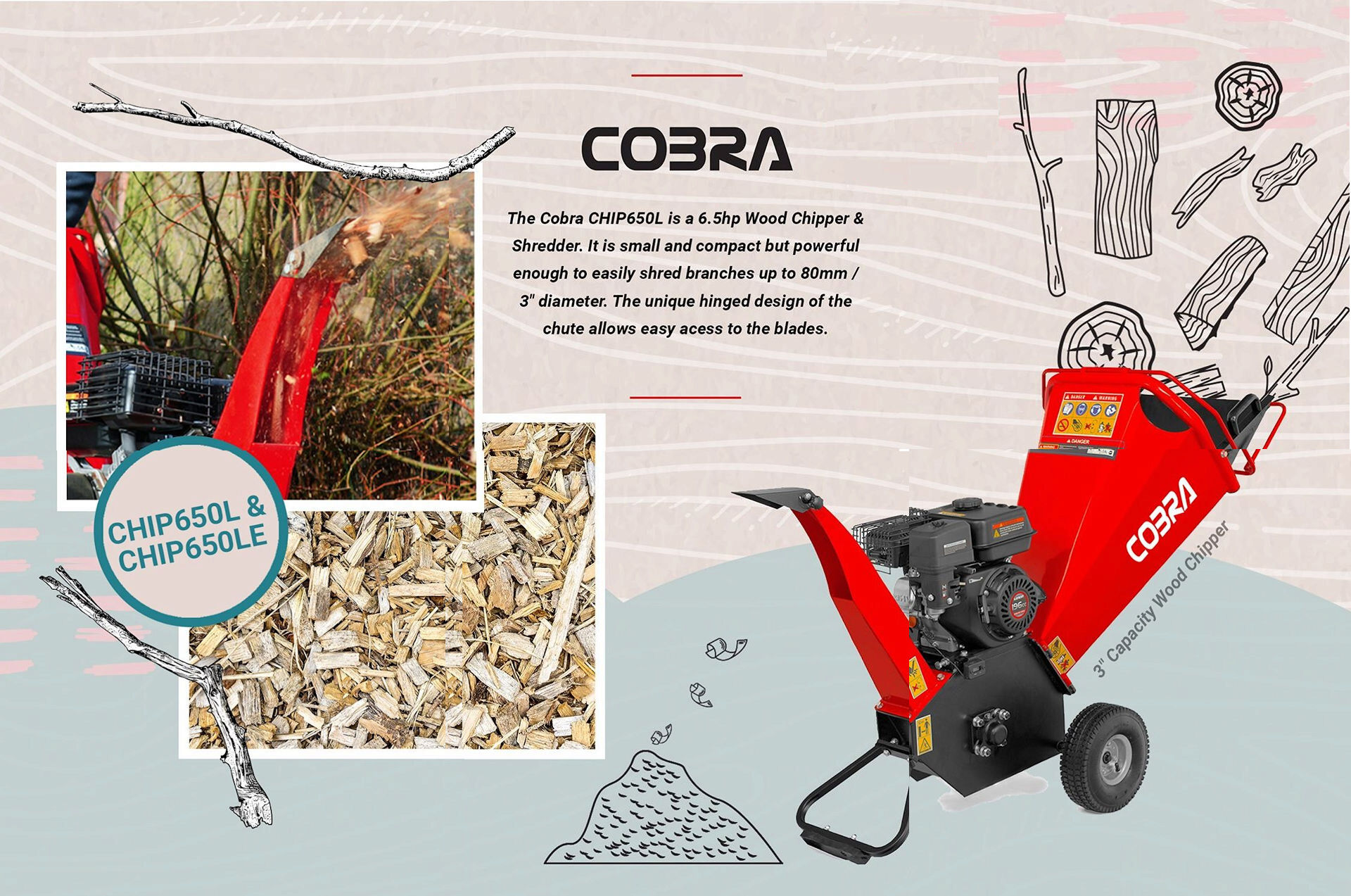 Cobra CHIP650LE Petrol Chipper Shredder 196cc / 80mm  (Electric Start) from Mower Magic