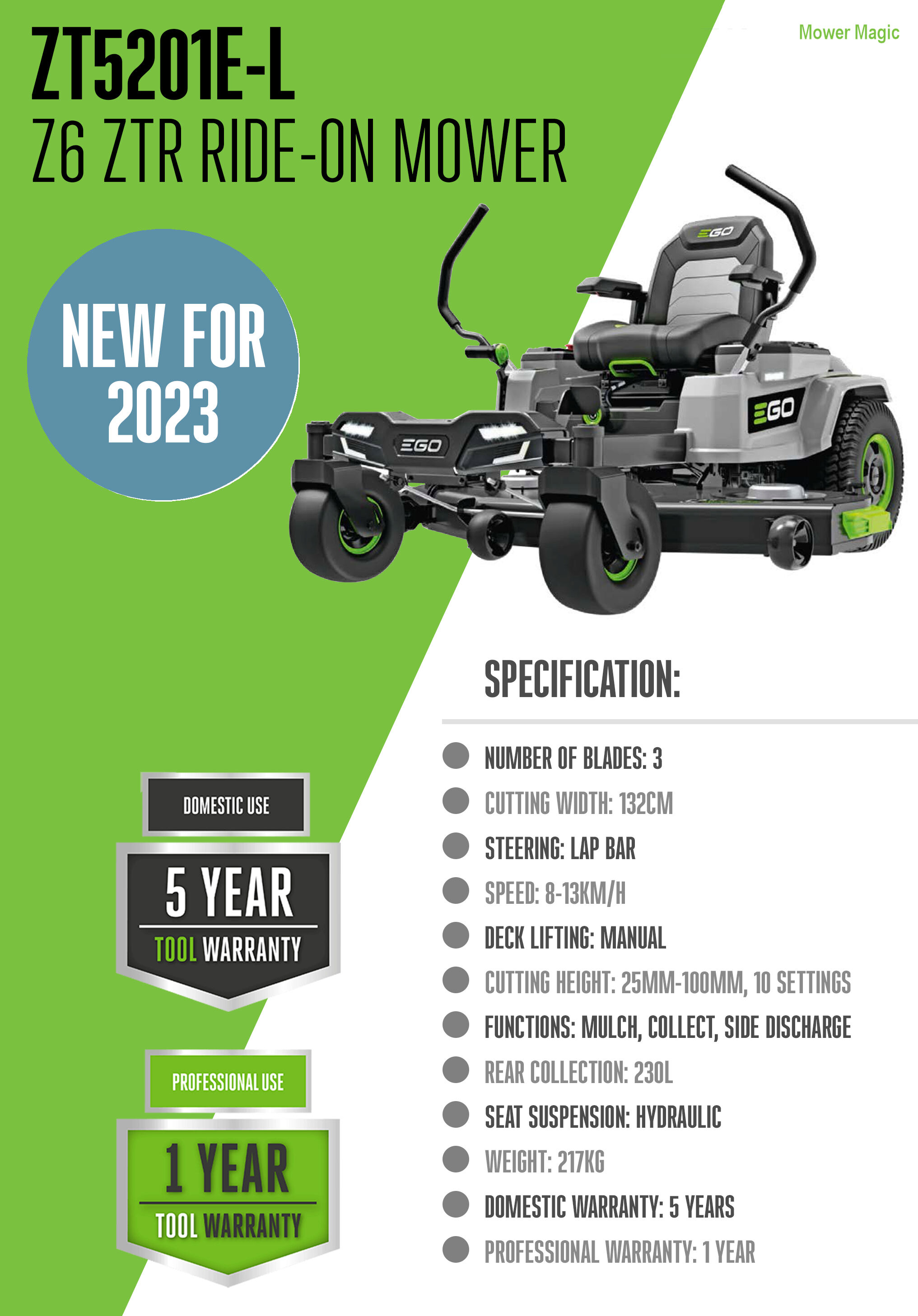 EGO ZT5201EL Z6 Zero-Turn Ride On Lawnmower 132cm  (Side discharge, Mulch plug); Lap Bar (Bare Tool) from Mower Magic