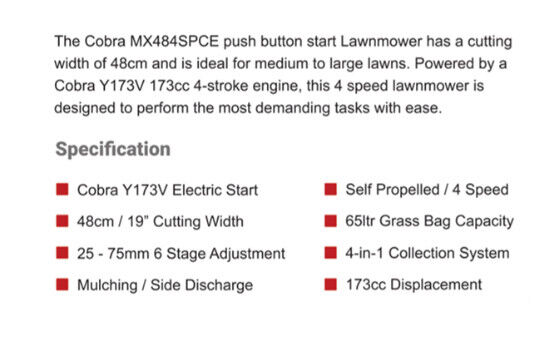 Cobra MX484SPCE Self-Propelled Electric Start Petrol Lawnmower 48cm