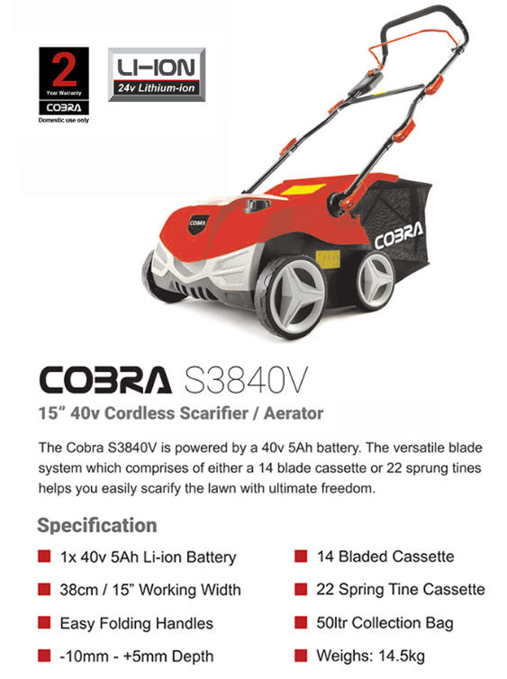 Cobra S3840V Cordless Lawn Scarifier / Aerator - 40v / 38cm / 5Ah from Mower Magic