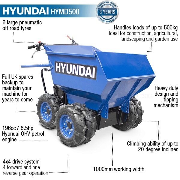 Hyundai 196cc 4-Wheel Drive Mini Dumper / Power Barrow  500kg HYMD500 from Mower Magic