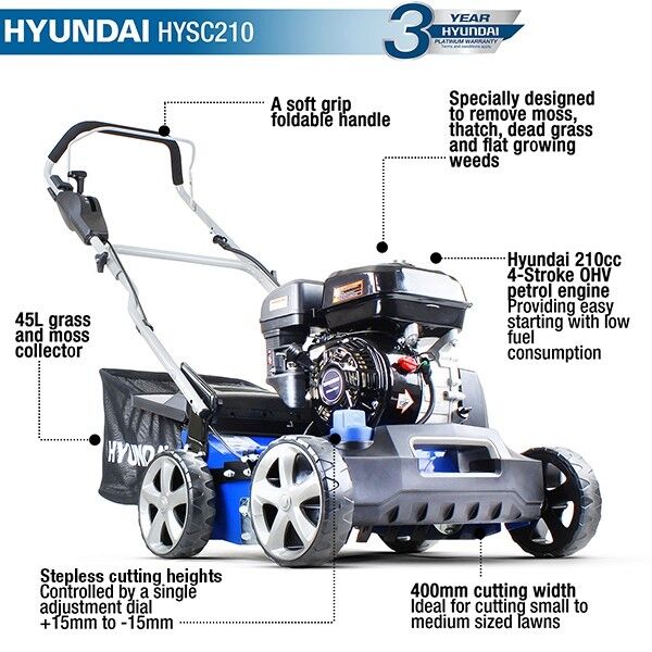 Hyundai Petrol Lawn Scarifier and Aerator 40cm / 210cc  HYSC210 from Mower Magic
