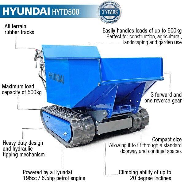 Hyundai 196cc Petrol Tracked Mini Dumper / Power Barrow  500kg  HYTD500 from Mower Magic