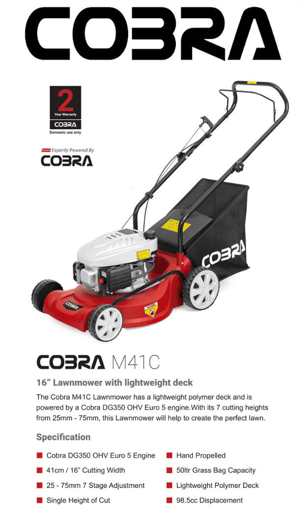 Cobra M41C Push Petrol Lawnmower 41cm / 98.5cc GARDENERS WORLD BEST BUDGET BUY from Mower Magic