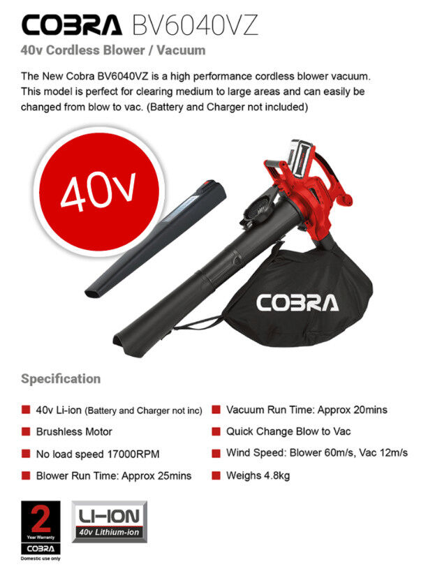 Cobra BV6040VZ Cordless Blower Vacuum 40v (Bare Tool) from Mower Magic