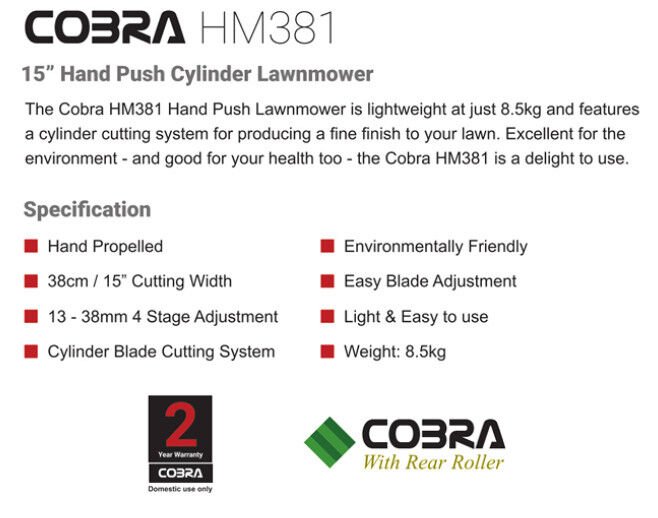 Cobra Hand Push Cylinder Lawnmower HM381 from Mower Magic
