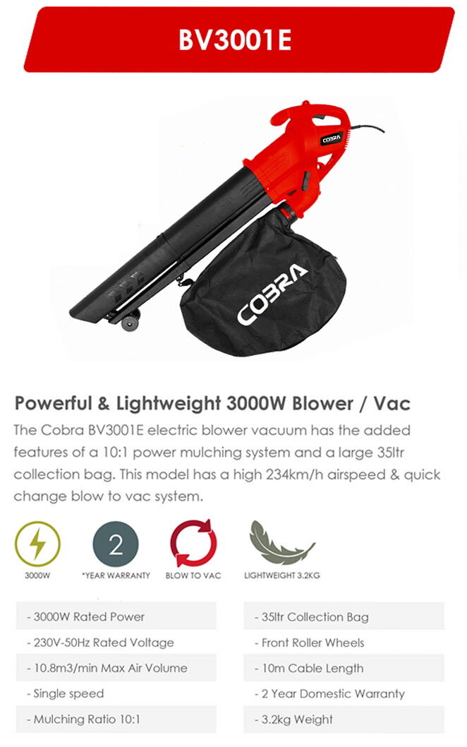 Cobra BV3001E Powerful and Lightweight Garden Leaf Blower / Vac 3000w from Mower Magic