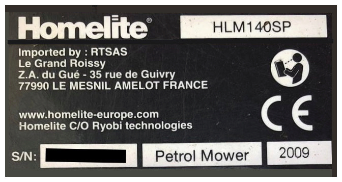 Homelite Dataplate Example (TTI) Homelite Dataplate Example (TTI)