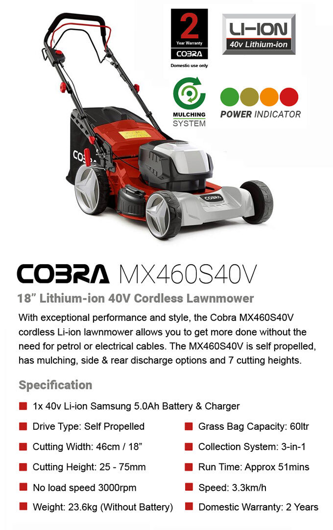 Cobra MX460S40V Premium Self-Propelled Cordless Lawnmower 46cm / 40v / 5.0Ah from Mower Magic