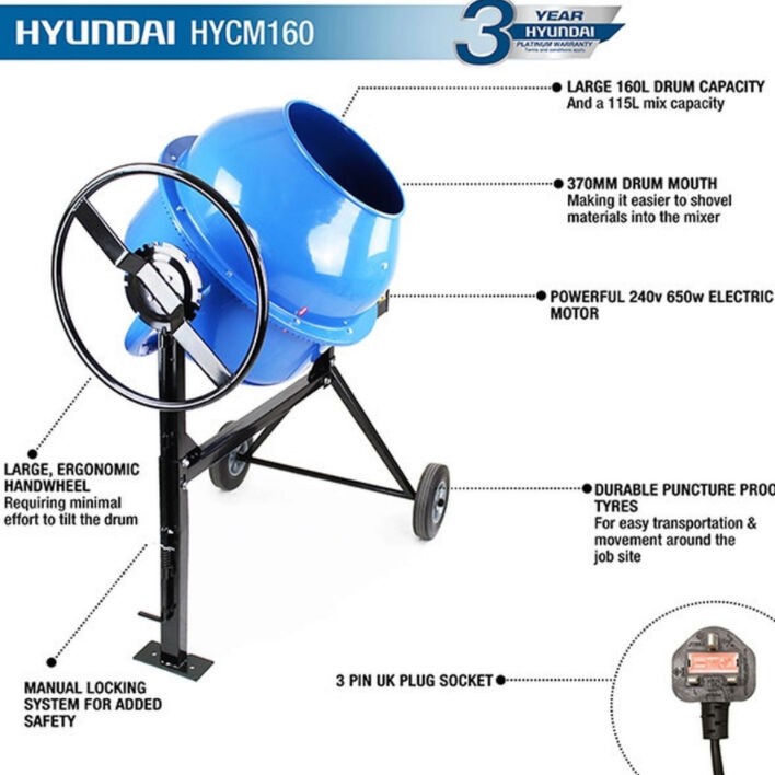 Hyundai Portable Electric Cement Concrete Mixer 160L / 650w  HYCM160 from Mower Magic