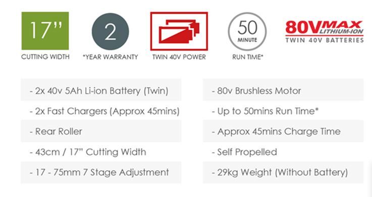 Cobra Premium Cordless Rear Roller Lawnmower Twin-40v / 5Ah / 43cm  RM43SP80V from Mower Magic