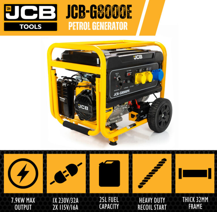 JCB G8000PE Petrol Generator .9kW / 9.8kVA / 115V / 230V / 457cc Electric Start