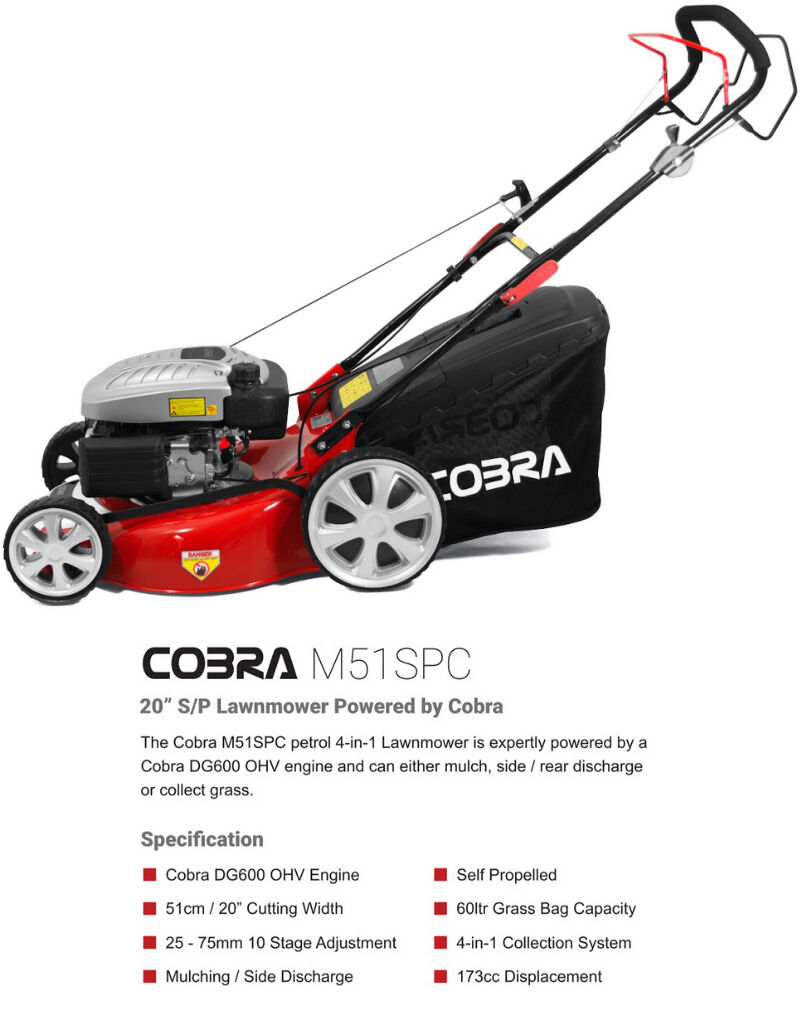 Cobra M51SPC Self-Propelled Petrol Lawnmower - 51cm / Mulch from Mower Magic