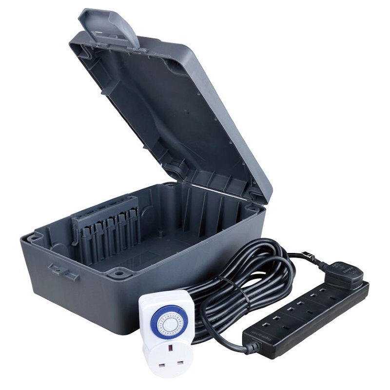 Green Weatherproof Dry Box and 4-Gang 10m Trailing Socket with 24hr Timer