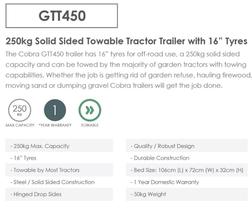 Cobra GTT450 Solid Sided Ride-On Tractor Trailer 250kg  from Mower Magic