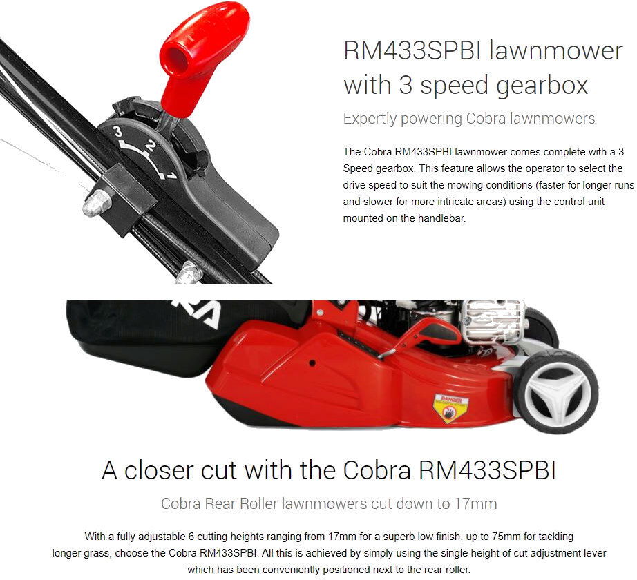 Cobra RM433SPBI Premium Self-Propelled Lawnmower 43cm / Rear Roller / Electric Start / 3 Speed from Mower Magic