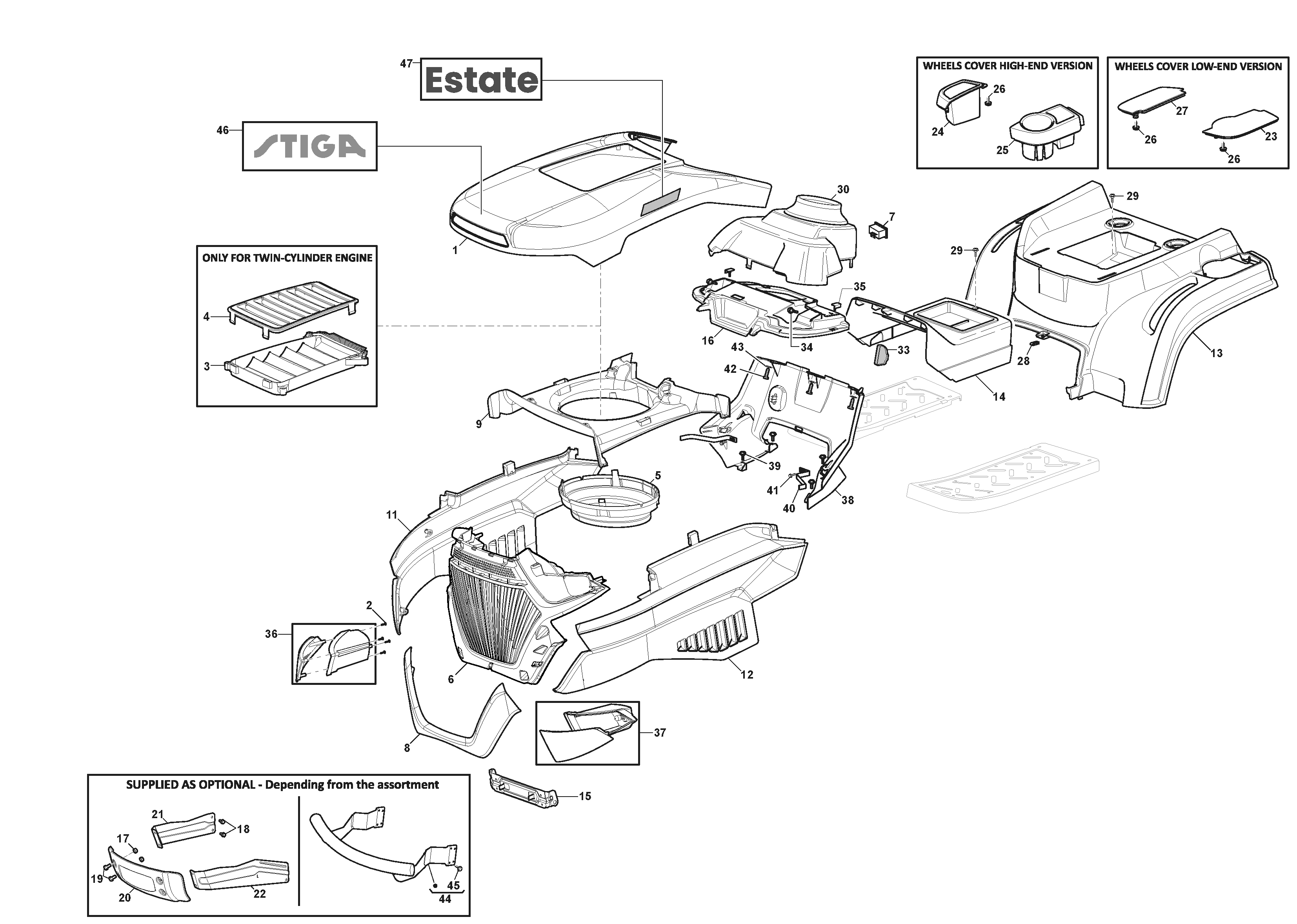 Stiga Estate 598 W - Bodywork - ABS Aesthetic Parts Stiga Estate 598 W - Bodywork - ABS Aesthetic Parts