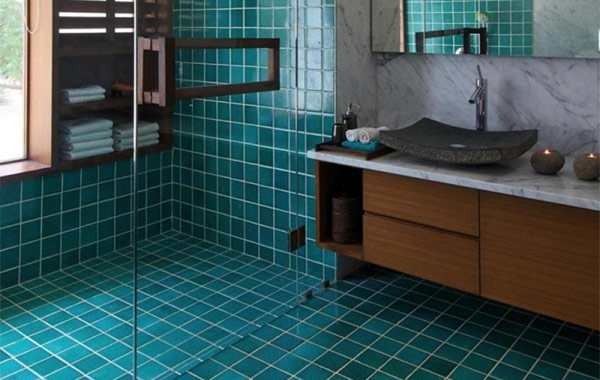 Tiled bathroom floor and wall